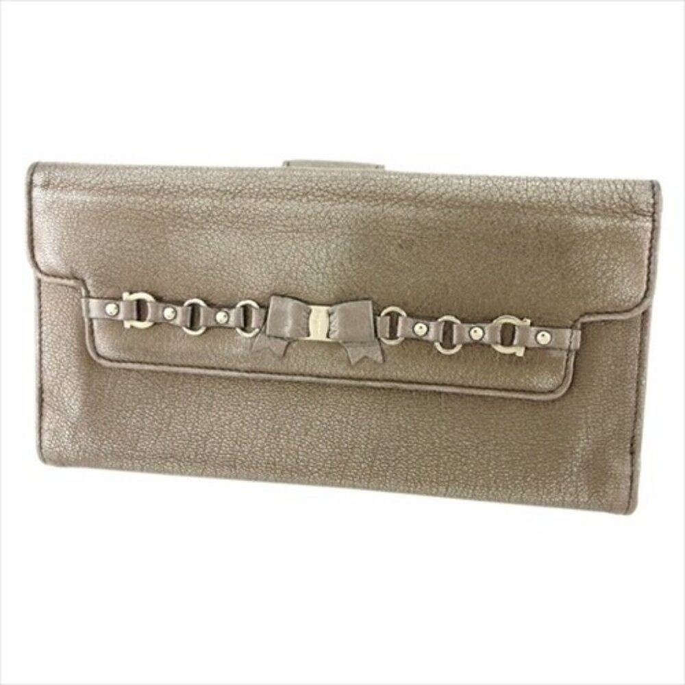 Salvatore Ferragamo Long Wallet Vera Brown Silver leather Authentic Used F1477